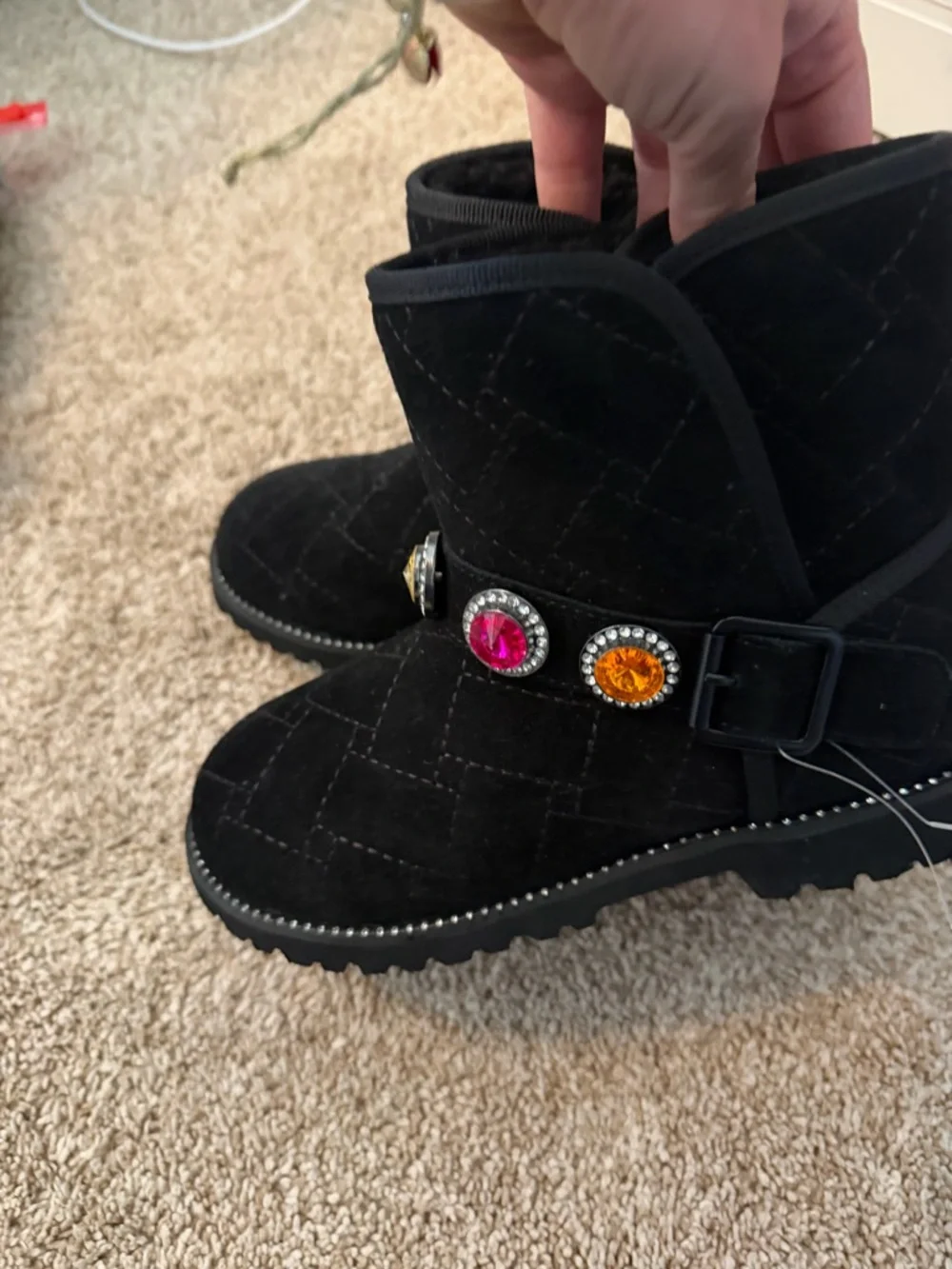 Girls Black Quilted Winter Boots with Gem Embellishments
